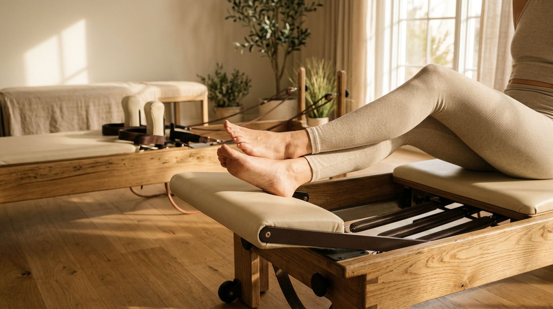 Bare feet resting on a wooden Pilates Reformer footbar in warm afternoon light